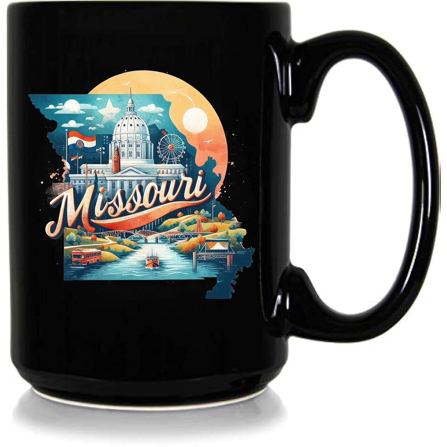 Missouri Retro Travel Map 15oz Black Ceramic Coffee Mug