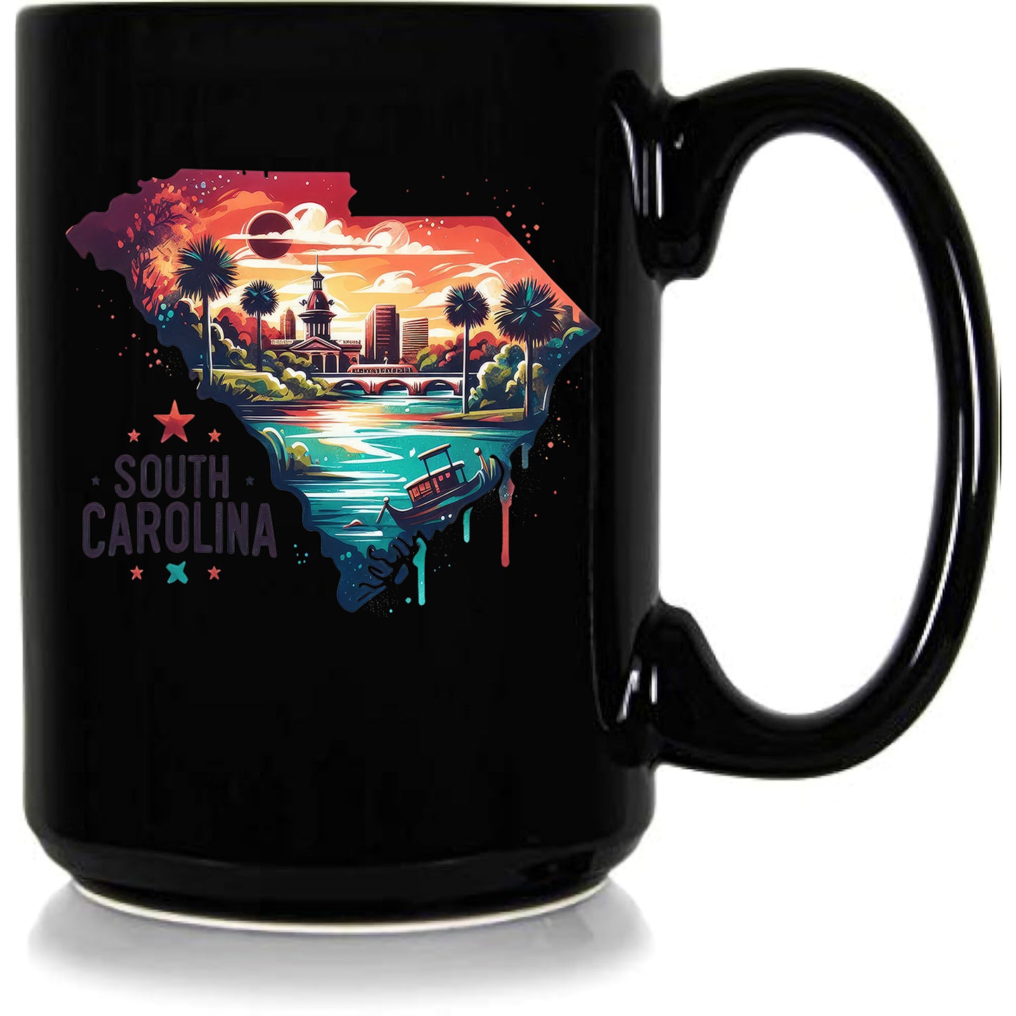South Carolina Retro Travel Map 15oz Black Ceramic Coffee Mug